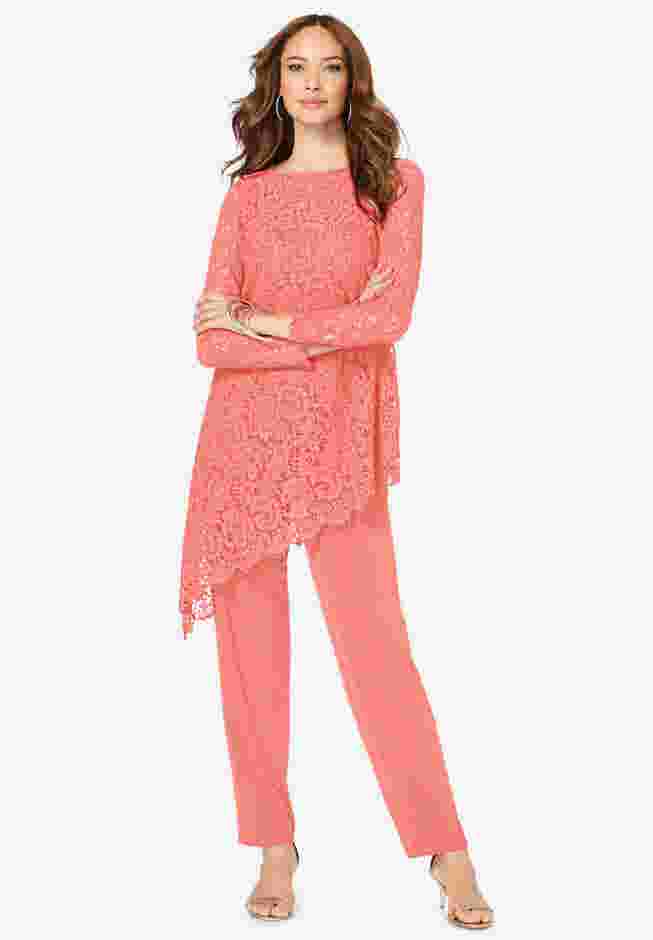 Plus-Size Asymmetrical Lace Pant Set –Long Sleeve Lace Scalloped Tunic & Elastic Waist Pants image number 0