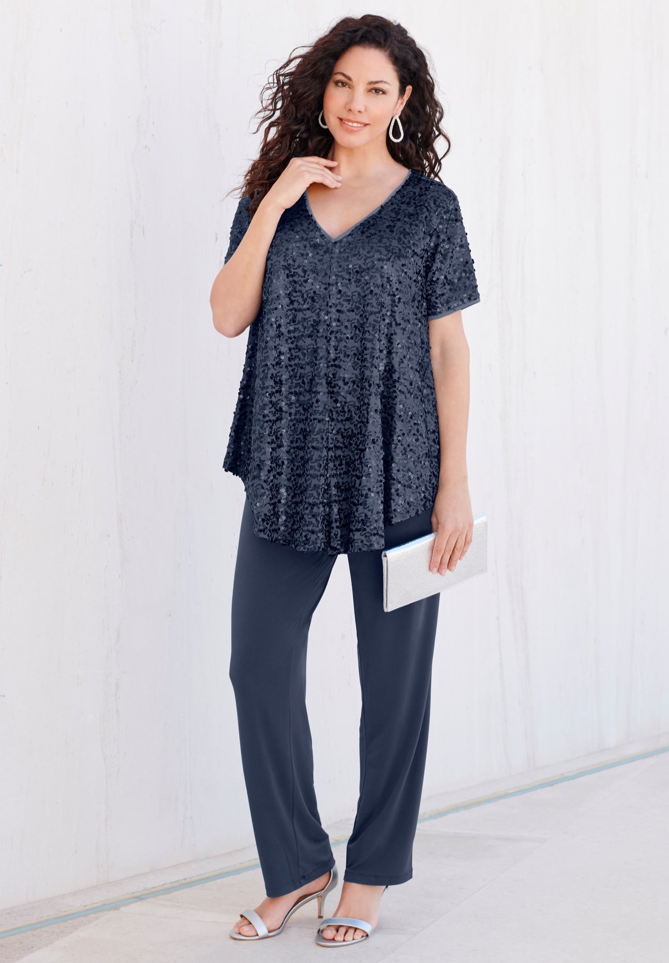 Plus-Size 2 Piece S/S Sequin Top and Pant Set image number 0