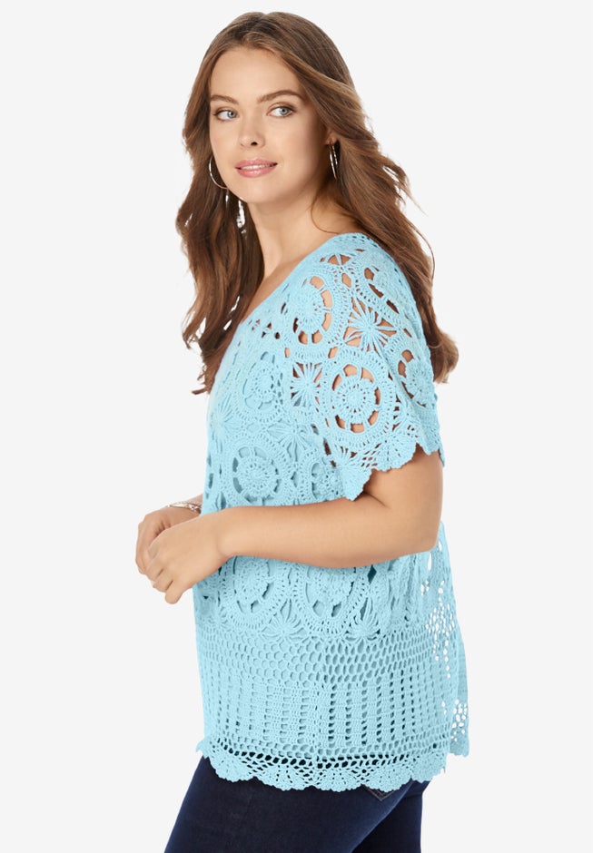 Plus Size Medallion Pattern French Crochet Sweater Top image number 2