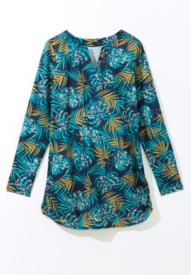 Split-Neck Long Sleeve Swim Tee with Built-In Bra image number 3