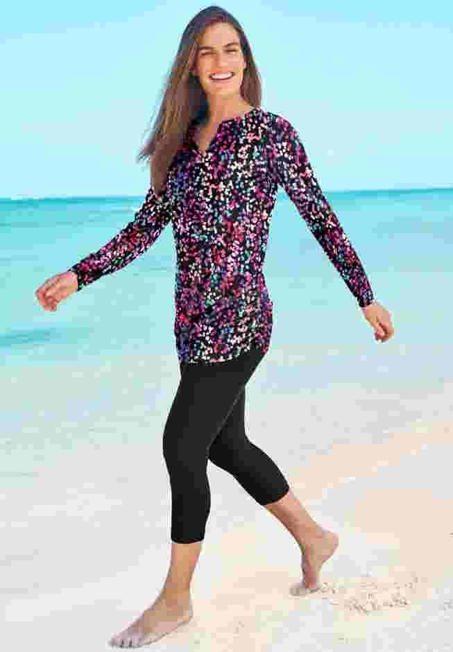 Split-Neck Long Sleeve Swim Tee with Built-In Bra image number 0
