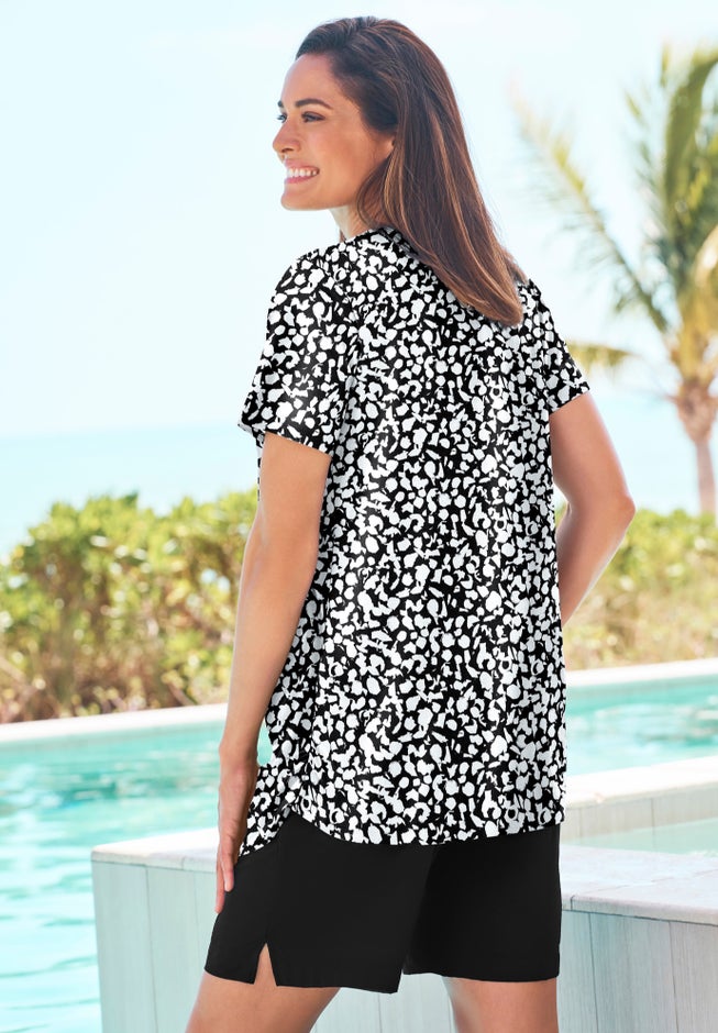 Split-Neck Short Sleeve Swim Tee with Built-In Bra image number 1