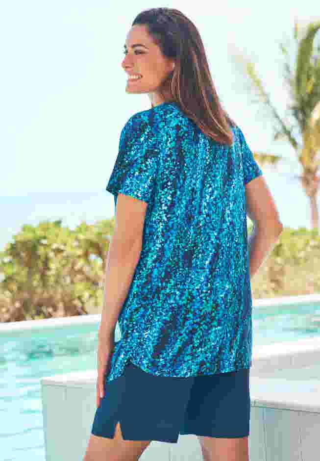 Split-Neck Short Sleeve Swim Tee with Built-In Bra image number 1