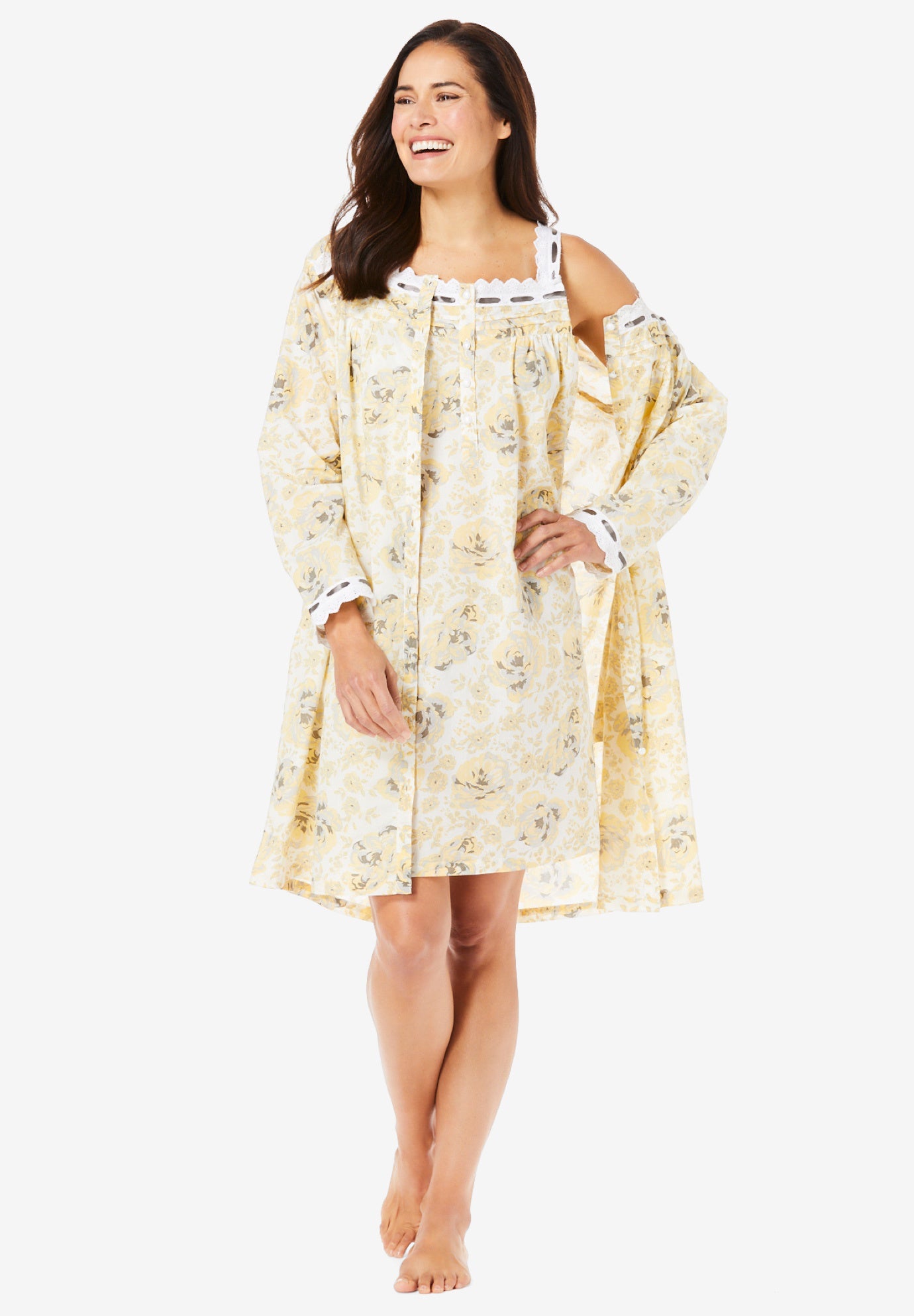 Short 2-Piece Cabbage-Rose Peignoir Set image number 0