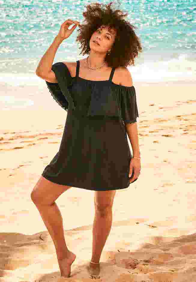 Laser-Cut Off-The-Shoulder Swim Dress image number 0