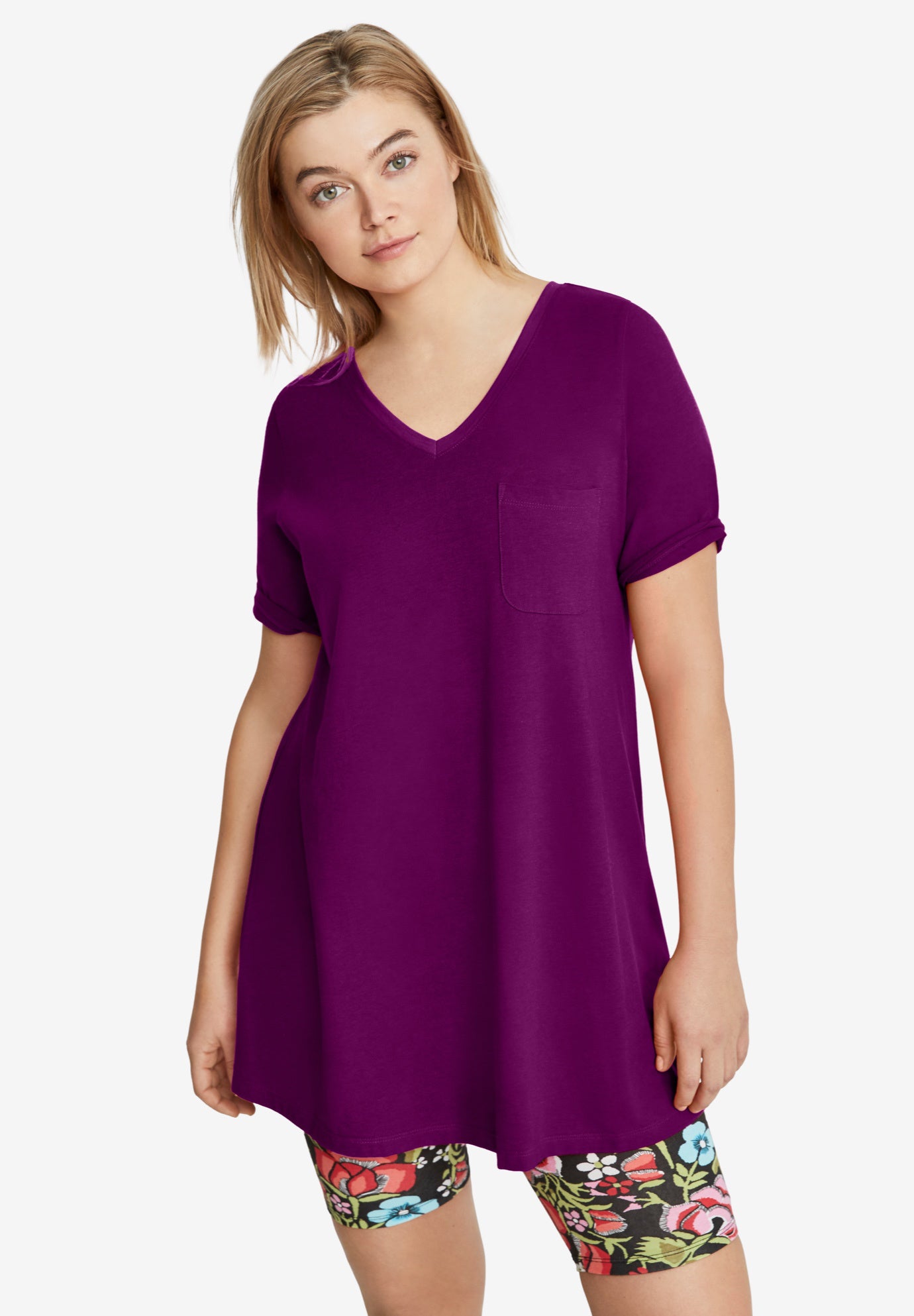 Stretch Knit V-neck Short Sleeve Chest Pocket Tunic image number 0