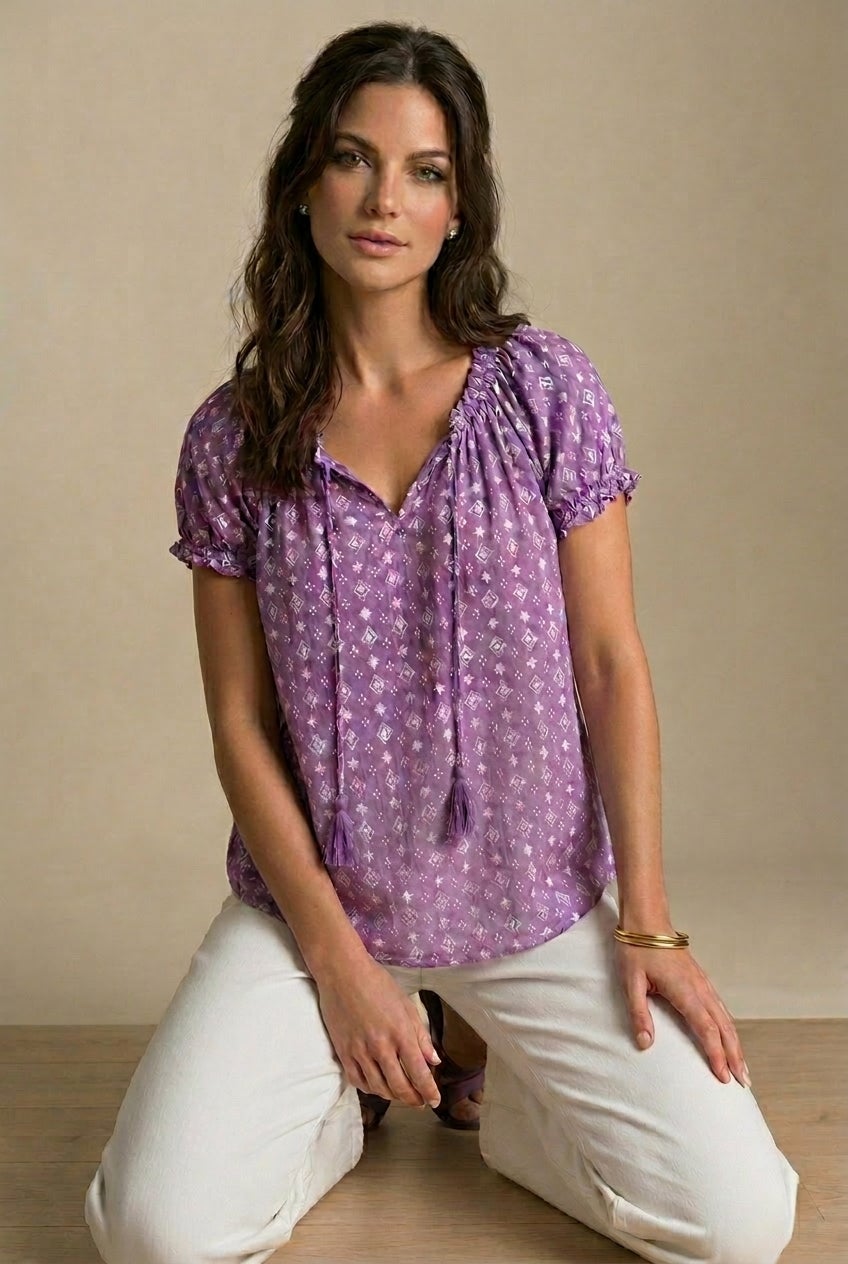 A-Line Scoop Neck Ruffle Trim 100% Cotton Cambric Peasant Blouse image number 0