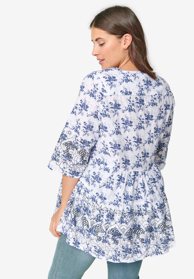100% Cotton Cambric Three-Quarter Sleeve Tiered Flounce Scoopneck Tunic image number 1