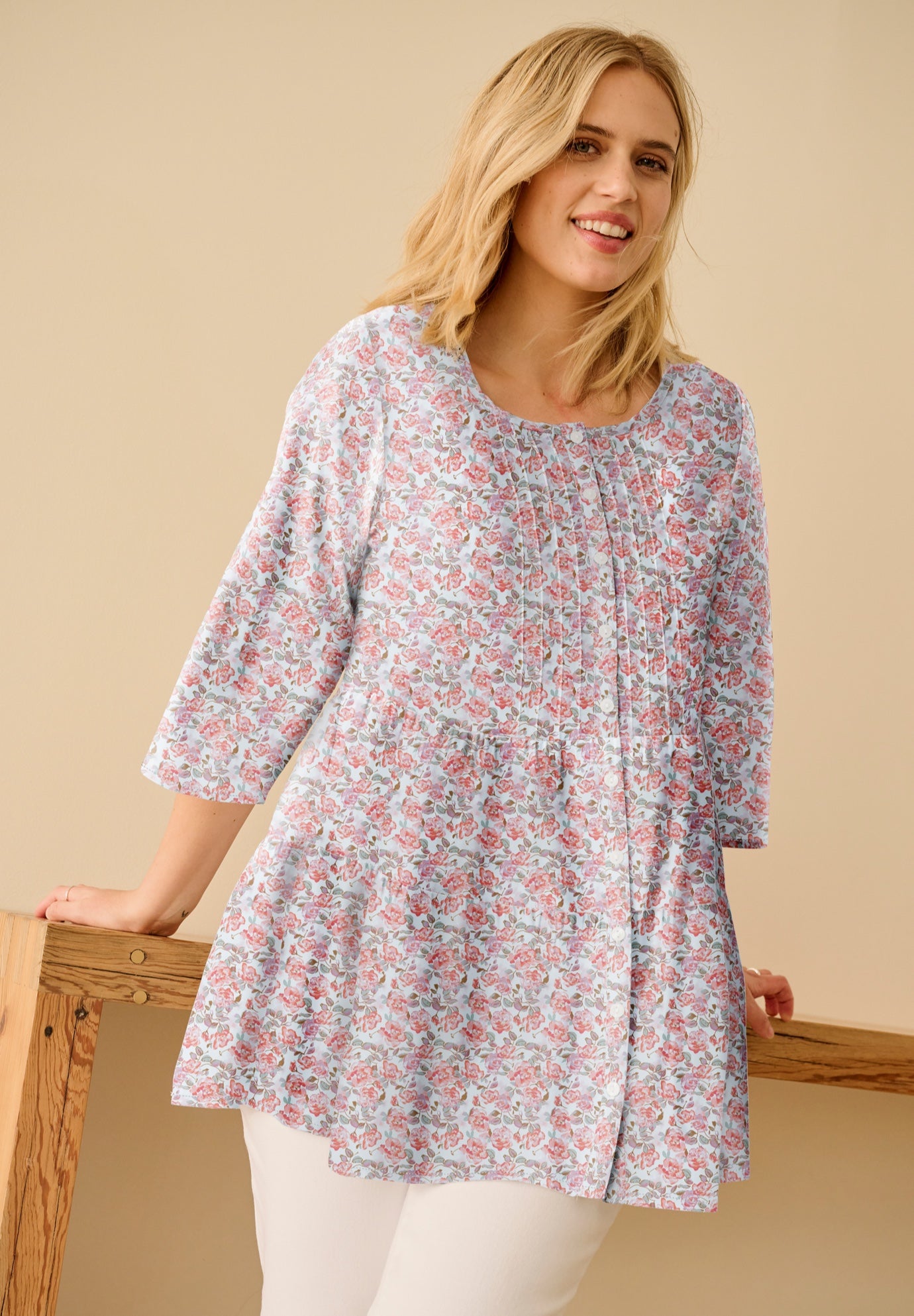 100% Cotton Cambric Three-Quarter Sleeve Tiered Flounce Scoopneck Tunic image number 0