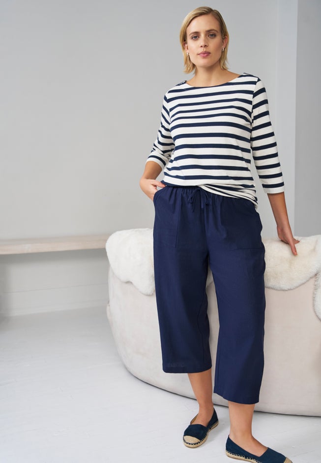 Linen-Blend Drawstring Elastic Waist Relaxed Fit Capris image number 2