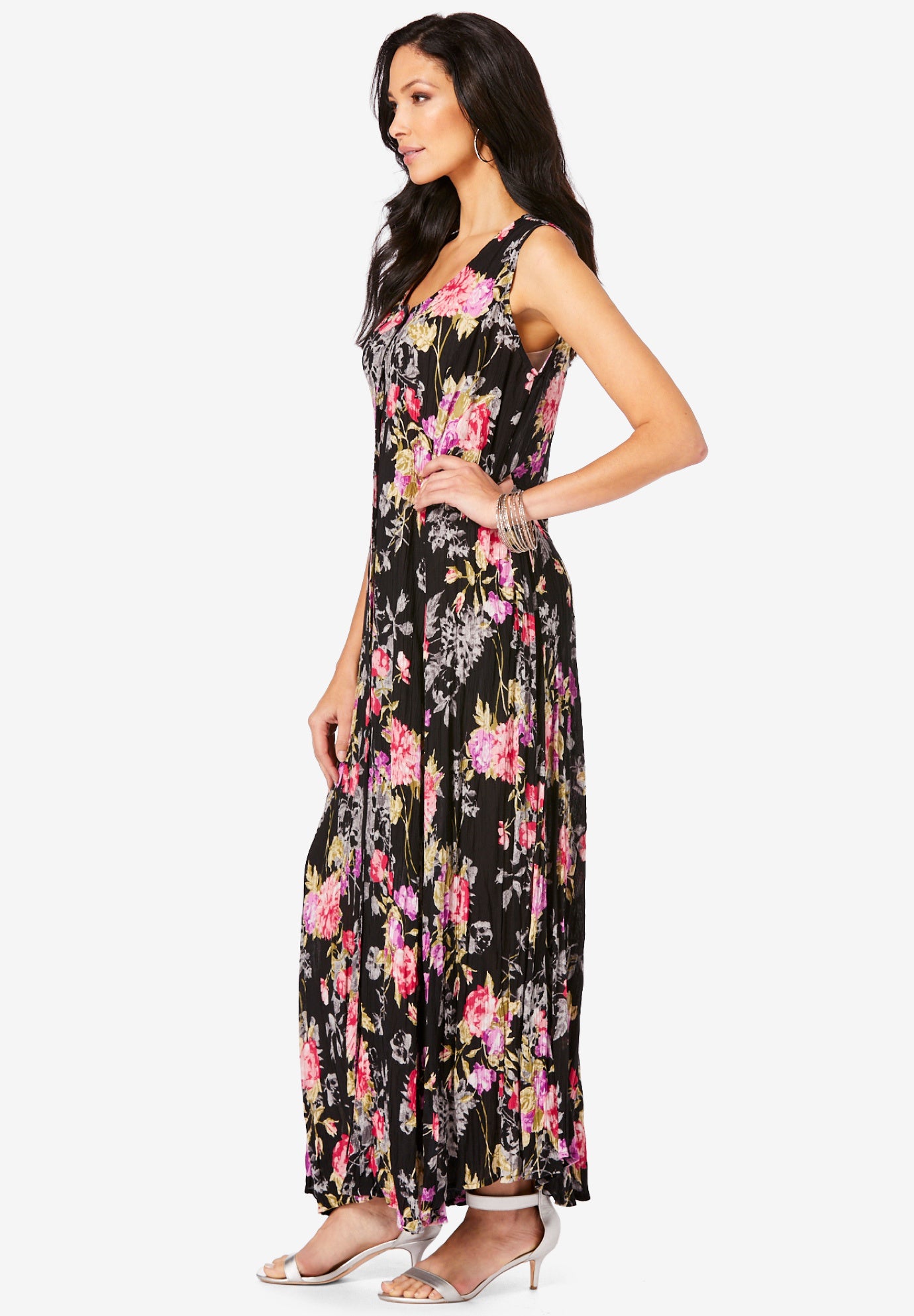 Plus Size Sleveless Hand-Crinkled Button-Front A-Line Maxi – Curvy Breezy Dress image number 2