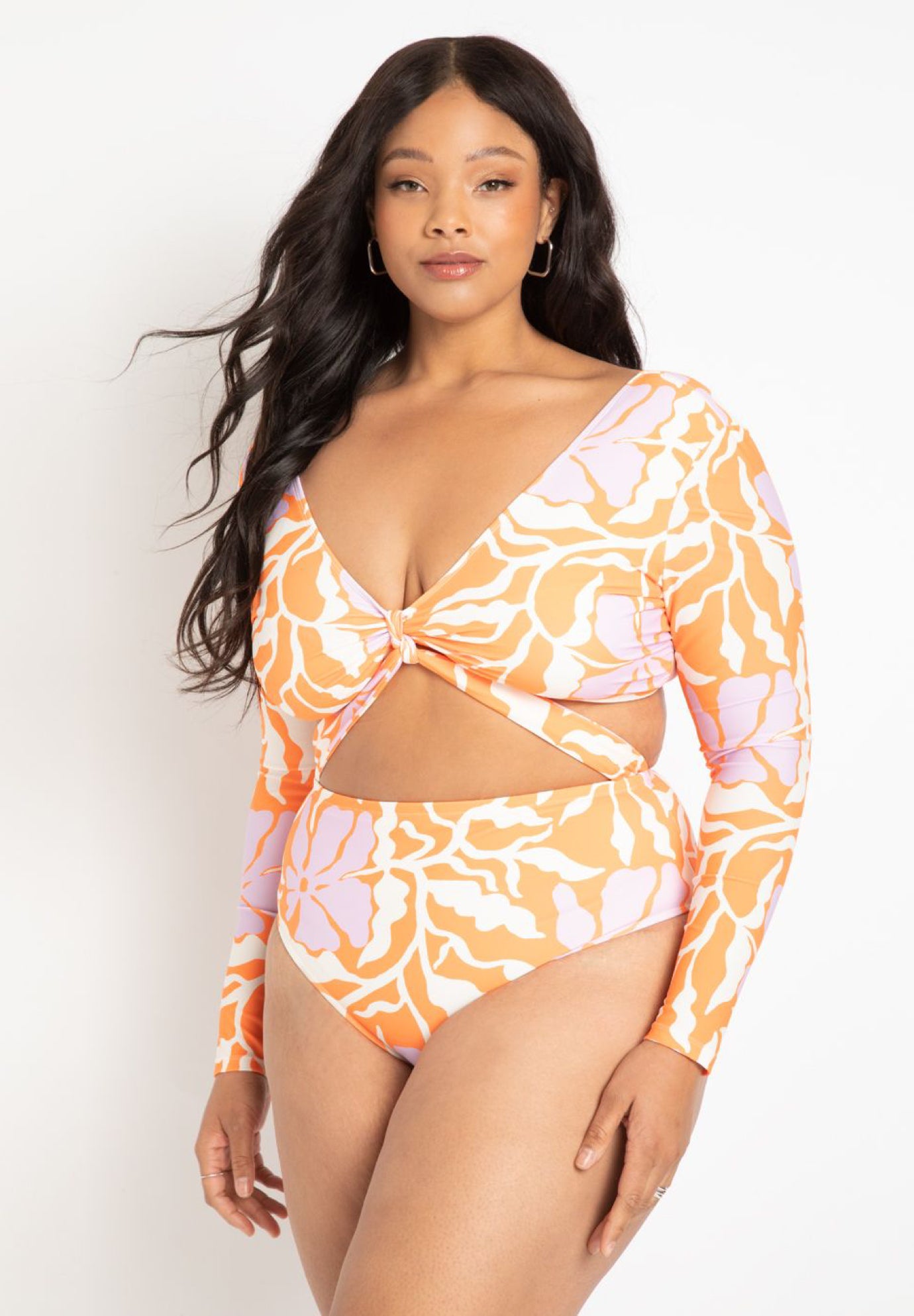 Gabi Fresh Swim x ELOQUII Long Sleeve Knot Front Wrap Swimsuit image number 1