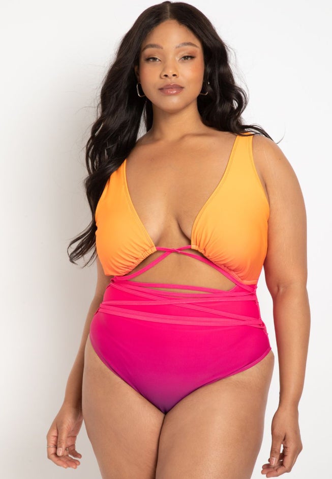 Gabi Fresh Swim x ELOQUII V-Neck Wrap Swimsuit with High Cut Leg image number 1