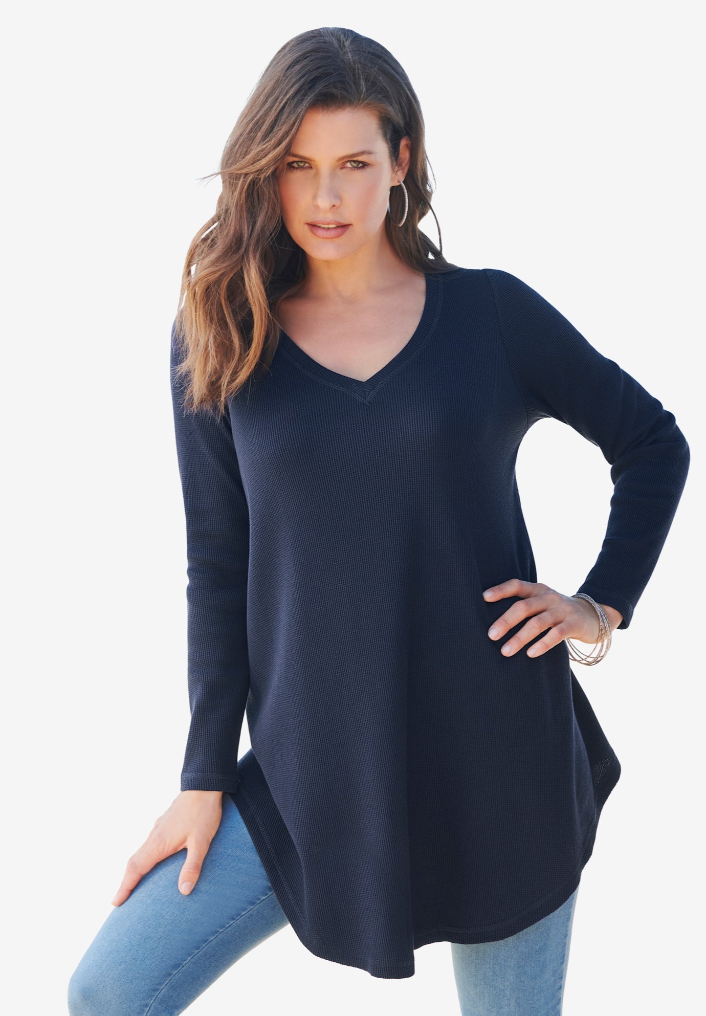 Plus Size Knit Thermal V Neck Swing Tunic – Long Sleeve image number 0