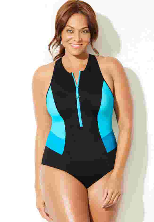 Chlorine Resistant High Neck Zip One Piece Swimsuit image number 2