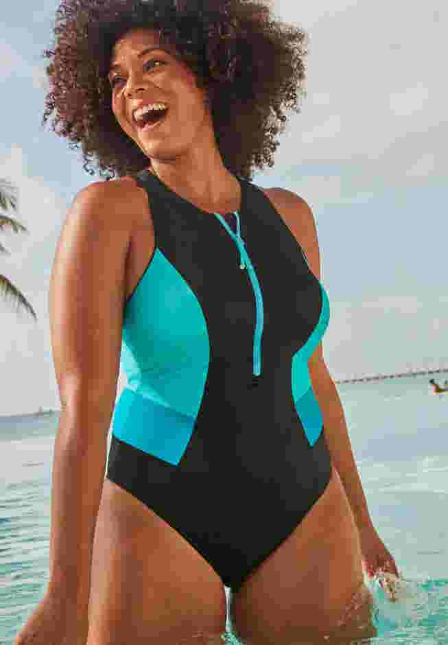 Chlorine Resistant High Neck Zip One Piece Swimsuit image number 0