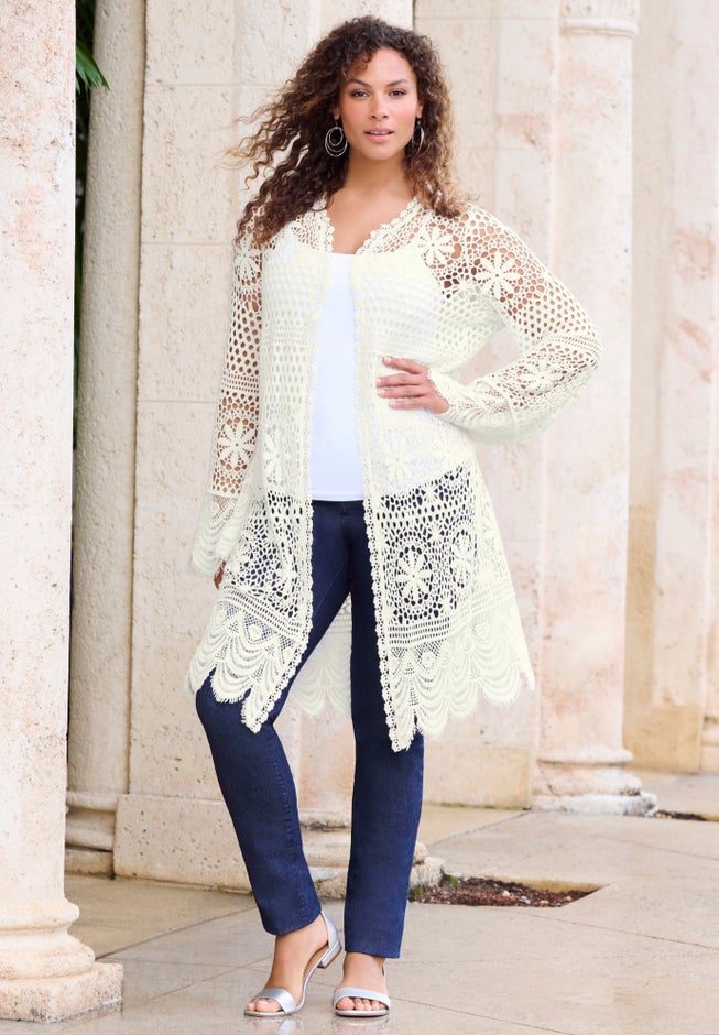 Plus Size Floral Lace Crochet Duster image number 3