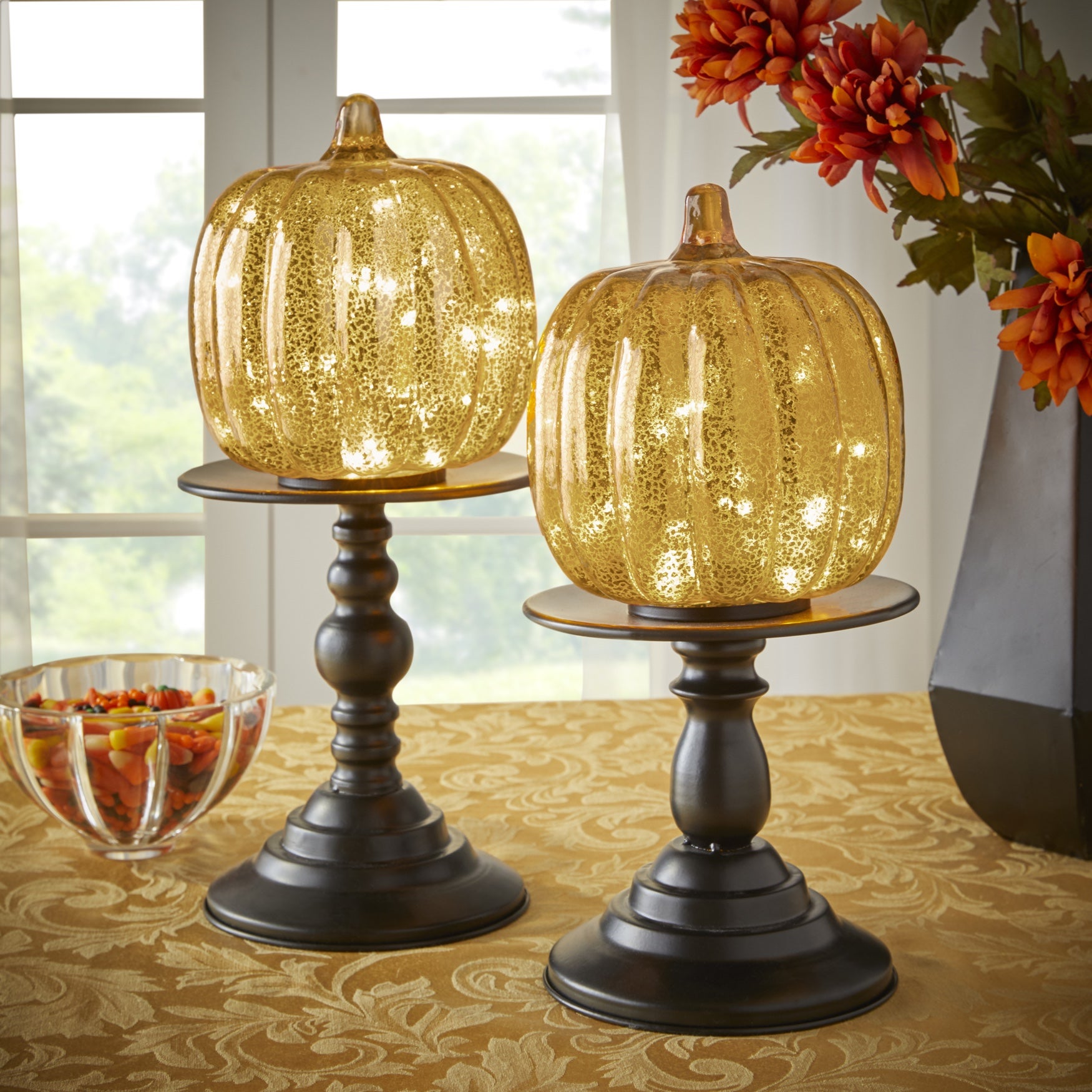 14&frac12;"H x 6"Diam Pre-Lit Mercury Glass Pumpkin on Metal Stand image number 0