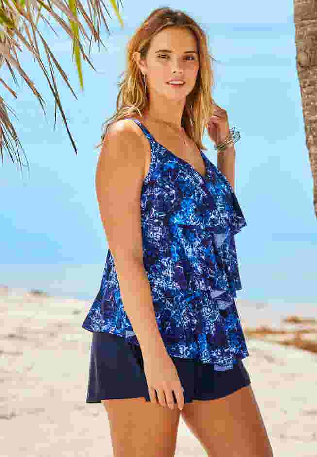 Longer-Length Tiered-Ruffle Tankini Top image number 2