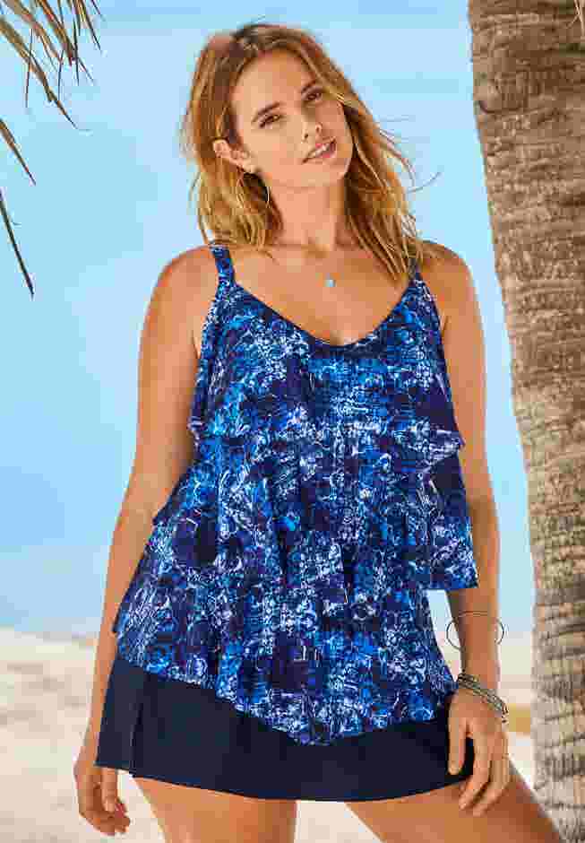 Longer-Length Tiered-Ruffle Tankini Top image number 0