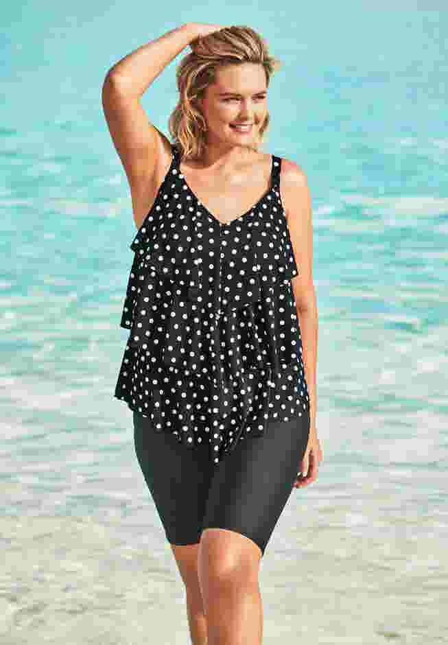 Longer-Length Tiered-Ruffle Tankini Top image number 0