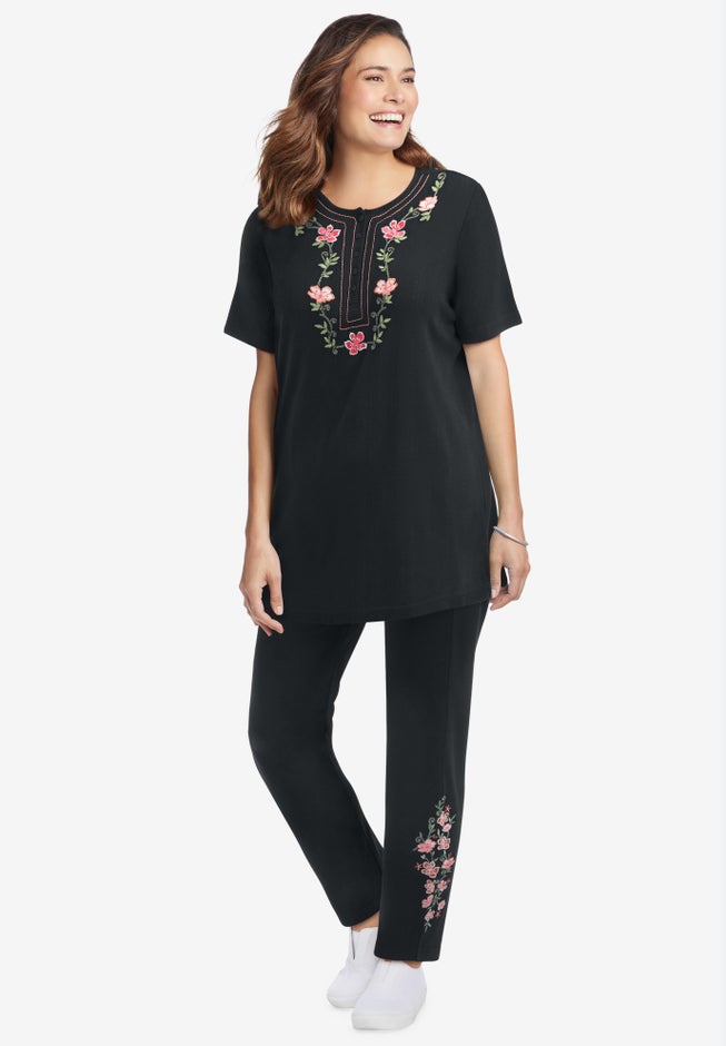 7-Day Knit Embroidered Straight-Leg Pull-On Pants image number 0