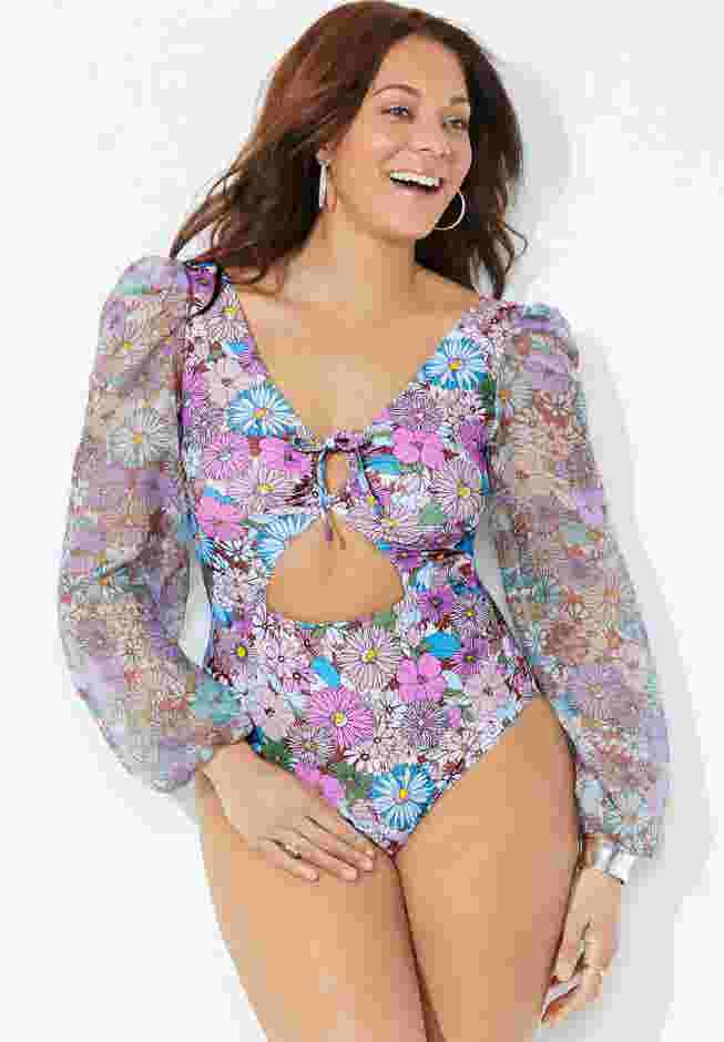 Cup Sized Chiffon Sleeve One Piece Swimsuit image number 3