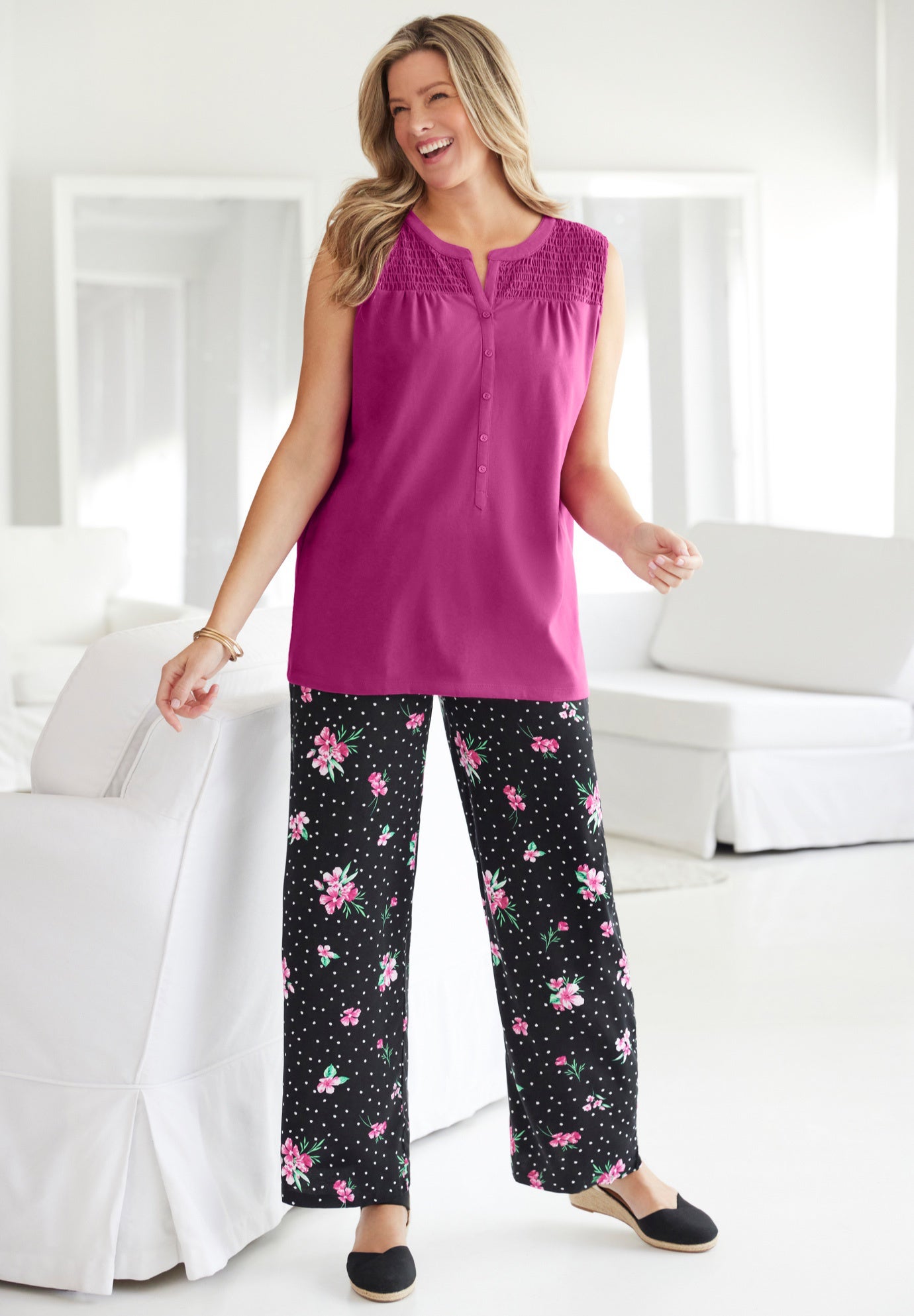 Smocked Henley Tank Top image number 4