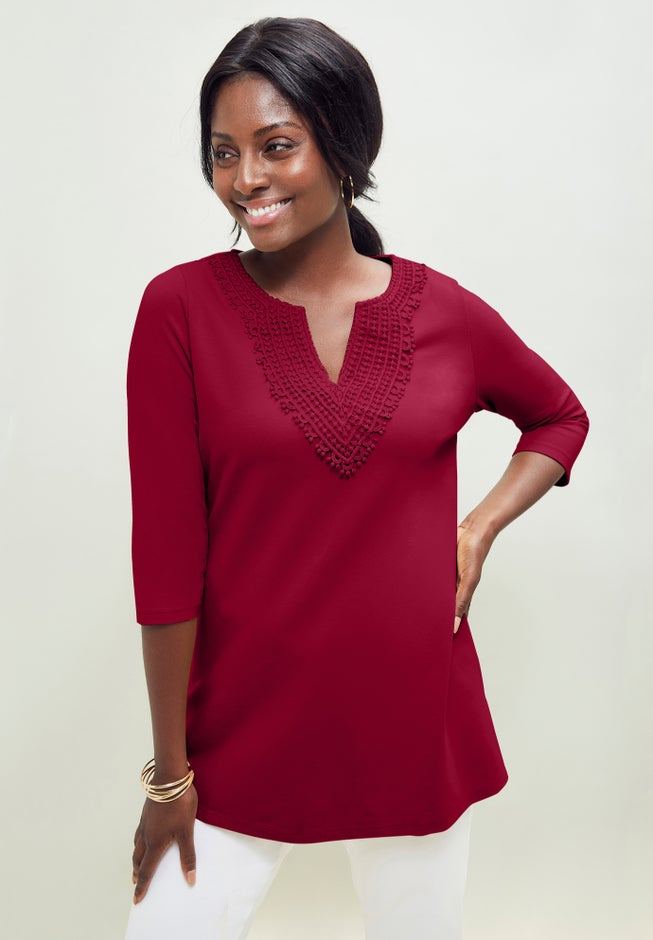 Stretch Cotton Crochet Notch Neck Tunic image number 0