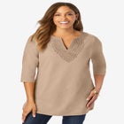 Stretch Cotton Crochet Notch Neck Tunic image number null