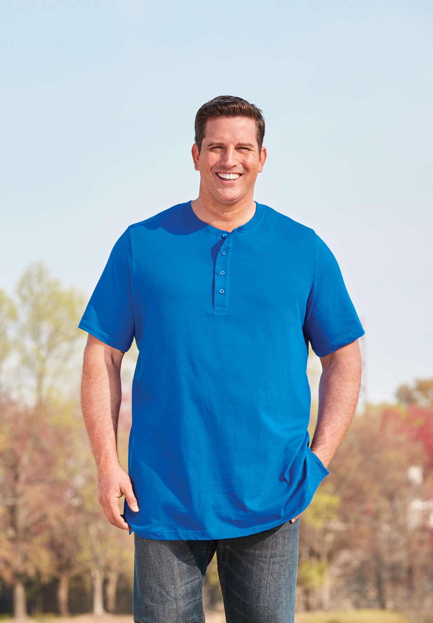 Shrink-Less Longer Length Lightweight Henley T-Shirt image number 1