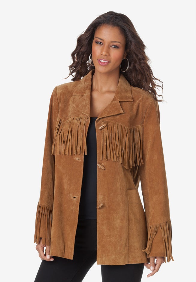 Plus Size Fringe Suede Jacket image number 0