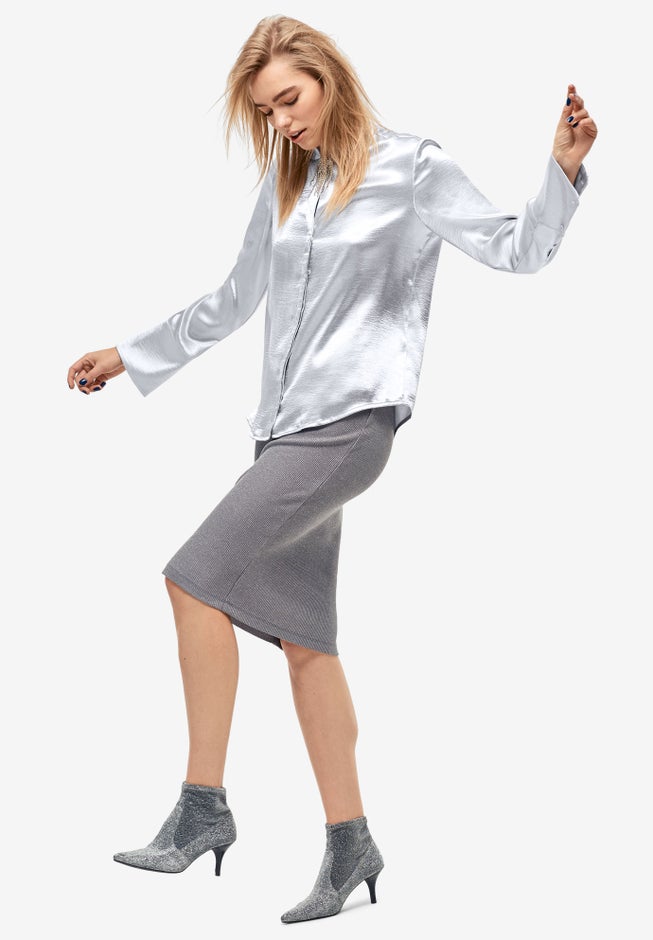 Metallic Satin Button-Down Blouse image number null
