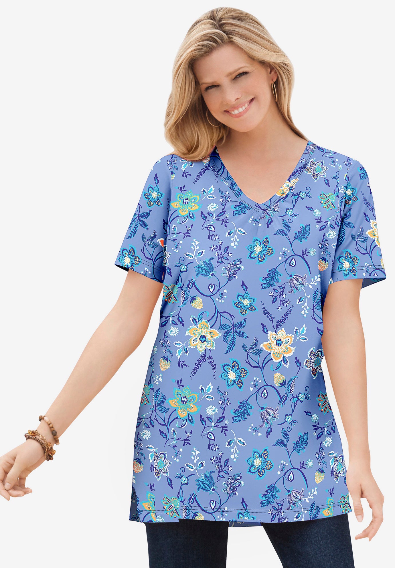Perfect Printed Short-Sleeve Shirred V-Neck Tunic image number 4