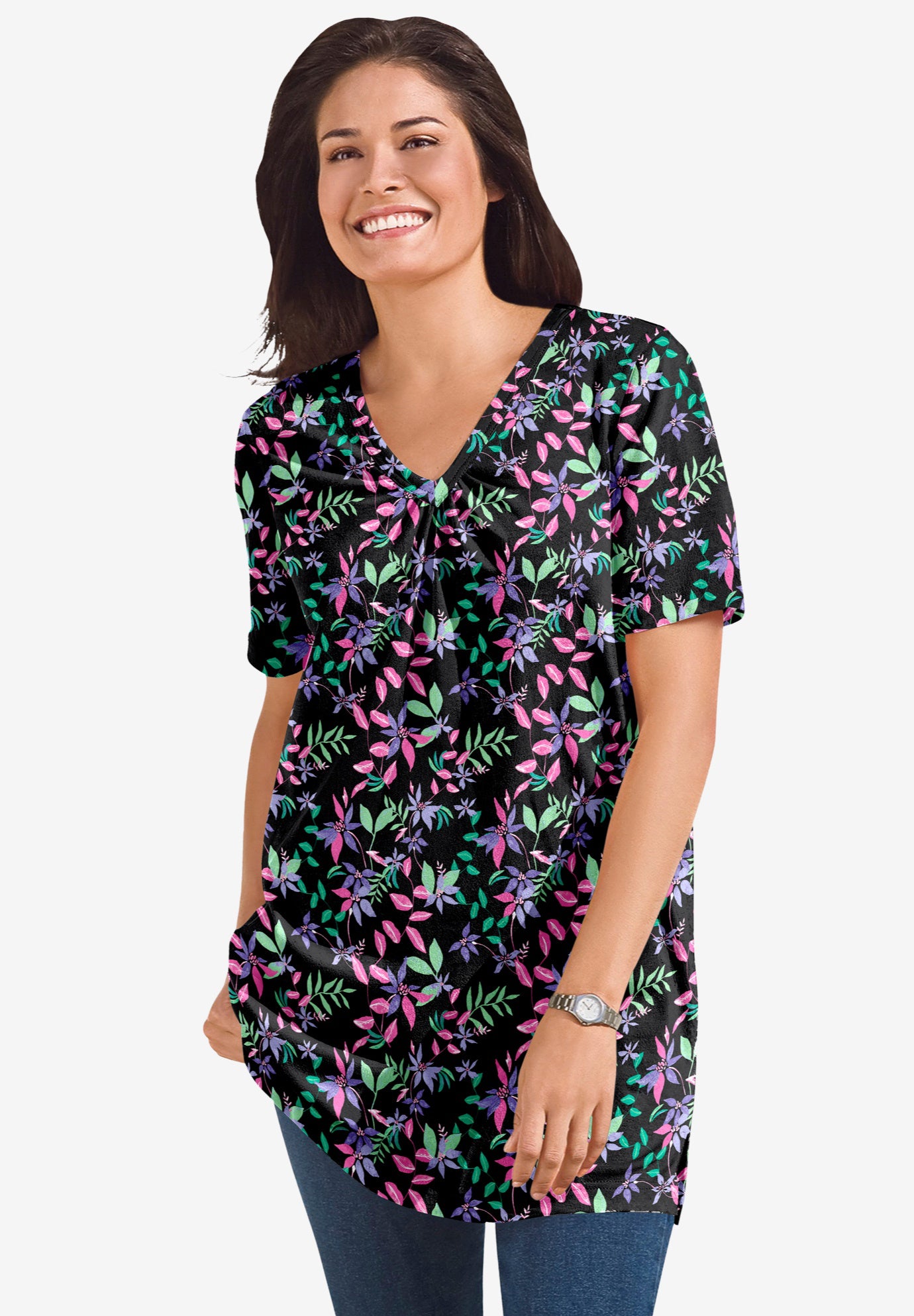 Perfect Printed Short-Sleeve Shirred V-Neck Tunic image number 0
