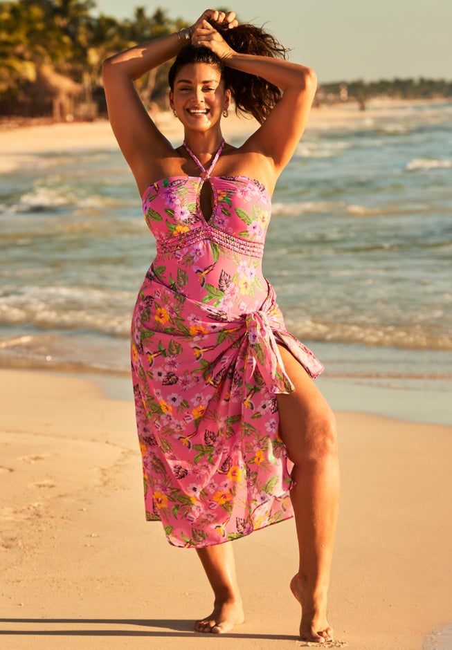 Plus Size Women's Lightweight Adjustable Sarong Wrap Skirt Cover Up by Swimsuits For All in Maui Coral Tropical (Size 6-16) Plus Size Women's Lightweight Adjustable Sarong Wrap Skirt Cover Up by Swimsuits For All in Maui Coral Tropical (Size 6-16)