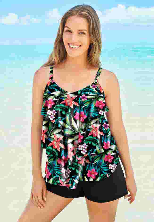 Longer-Length Tiered-Ruffle Tankini Top image number 0