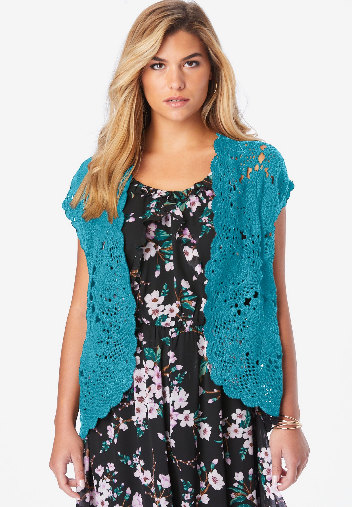 Plus Size Scallop Trim Crochet Cardigan Sweater image number 0
