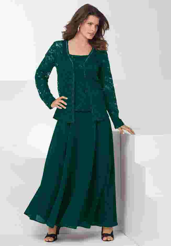 Plus-Size 2 Piece Long Sleeve Embellished Lace Jacket and Full Gown image number 0