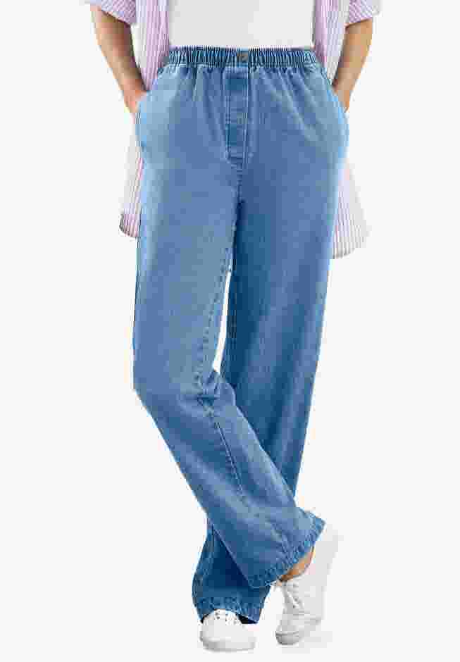 Womens Plus-Size Straight-Leg All-Cotton Denim Pull-On 7-Day Elastic-Waist Jeans image number 4