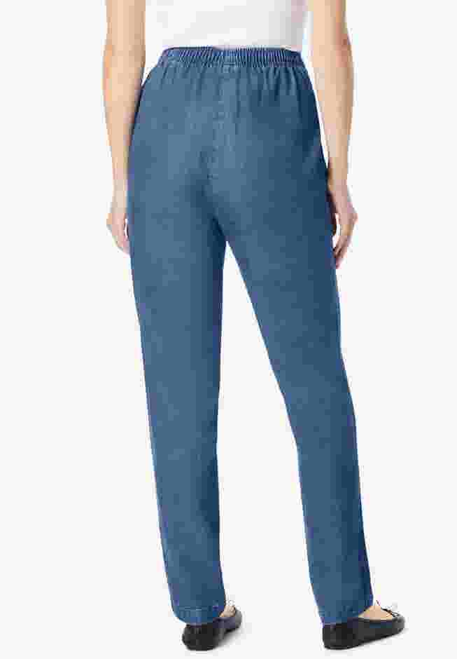 Womens Plus-Size Straight-Leg All-Cotton Denim Pull-On 7-Day Elastic-Waist Jeans image number 1