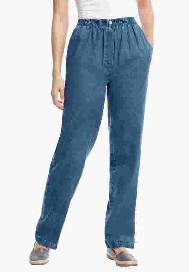 Womens Plus-Size Straight-Leg All-Cotton Denim Pull-On 7-Day Elastic-Waist Jeans image number 0