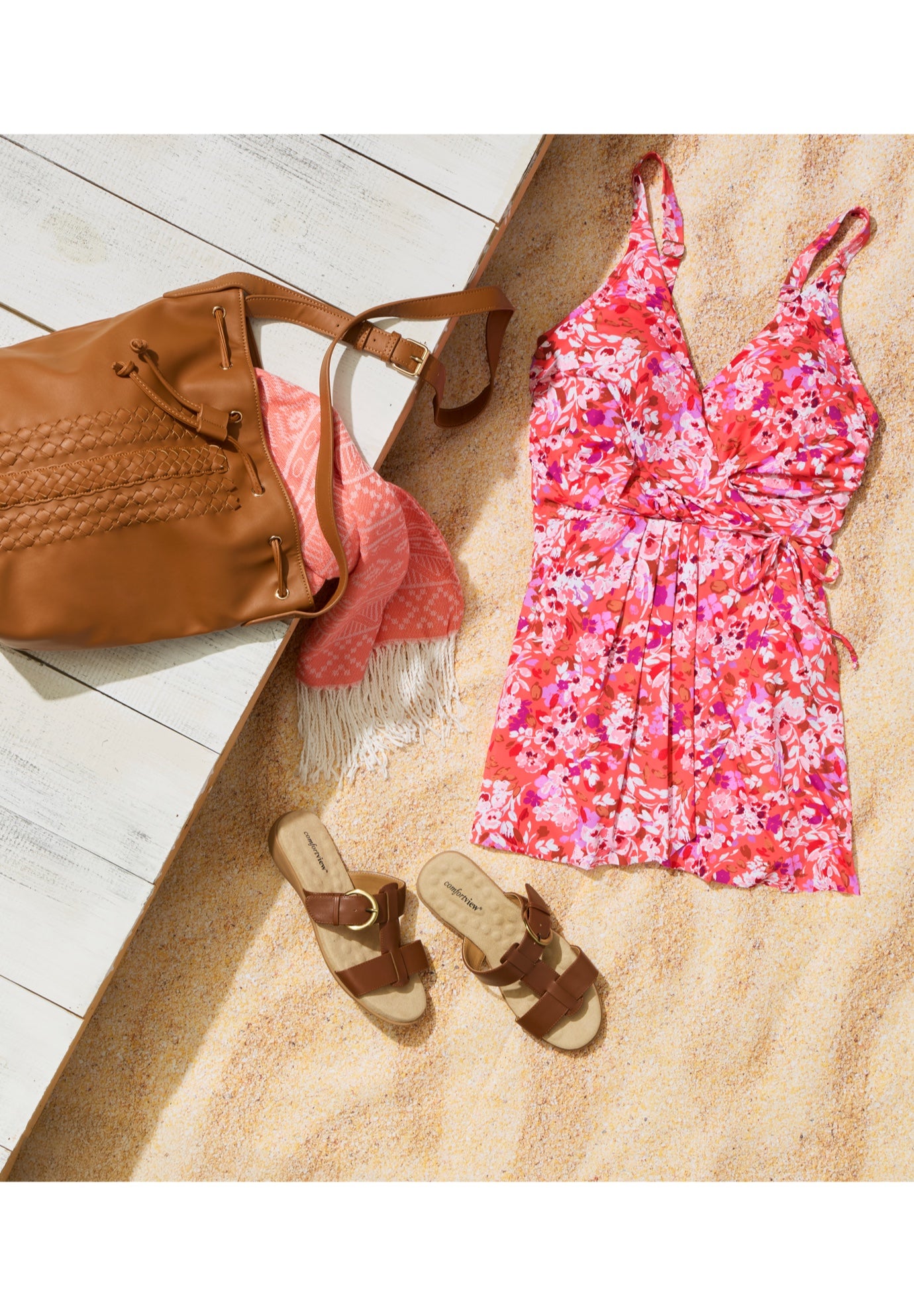 Lightweight Faux Wrap Petal-Hem Swimdress  image number 4