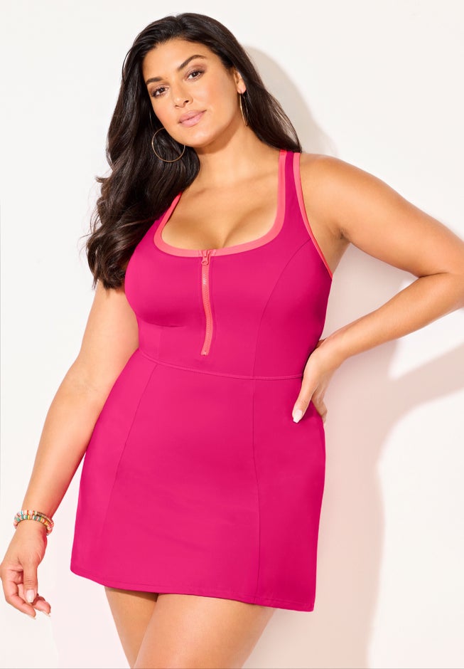 Zip-Front Contrast Trim Swimdress image number 0