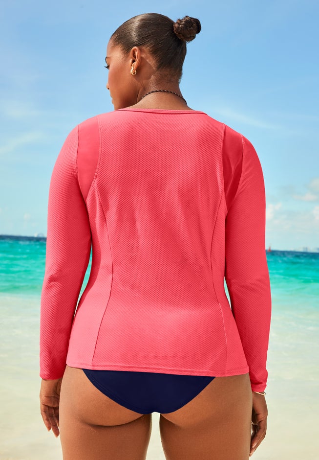  Chlorine Resistant Quick-Dry 1/4 Zip Front Long Sleeve Swim Rash Guard image number 1