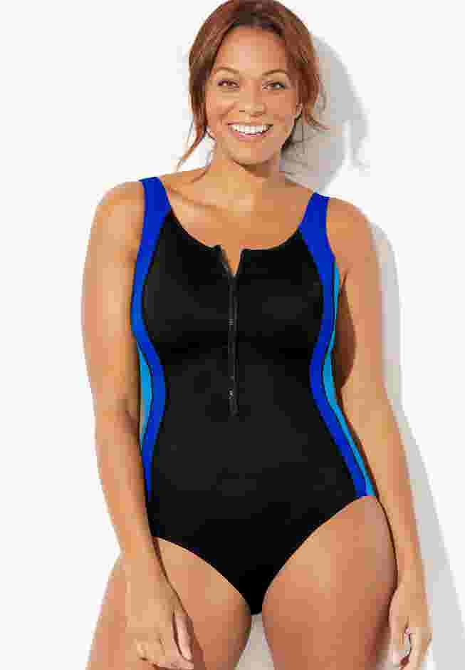 Chlorine Resistant Zip Front One Piece Swimsuit image number 0