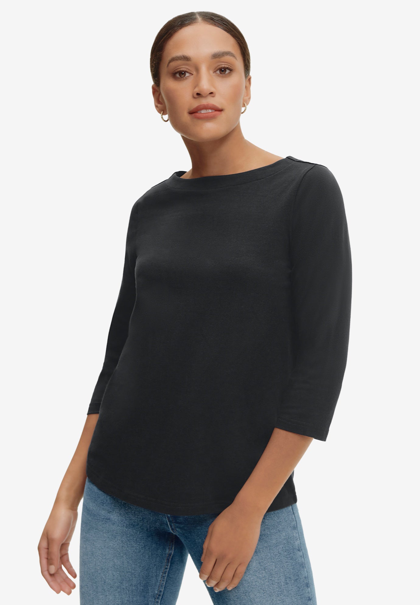 Cotton Spandex Jersey Boatneck Three-Quarter Sleeve Top image number 0