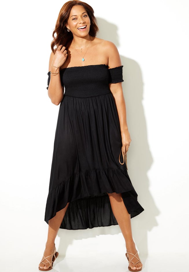 Lauren Smocked Off the Shoulder High Low Dress image number null