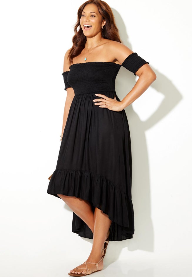 Lauren Smocked Off the Shoulder High Low Dress image number null