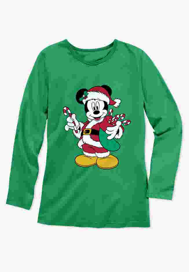 Disney Women's Long Sleeve Crew Tee Green Mickey Santa image number 1